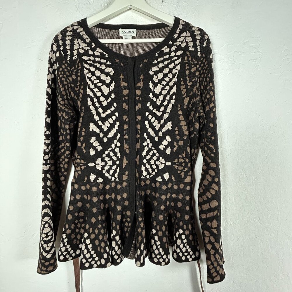 Carmen Marc Valvo Womens Wool Blend Peplum Sweater Medium Brown White Abstract